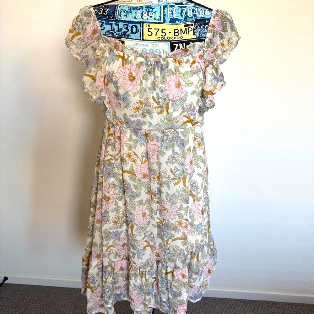 Blu Pepper Floral Ruffle Dress - Cream and Pink